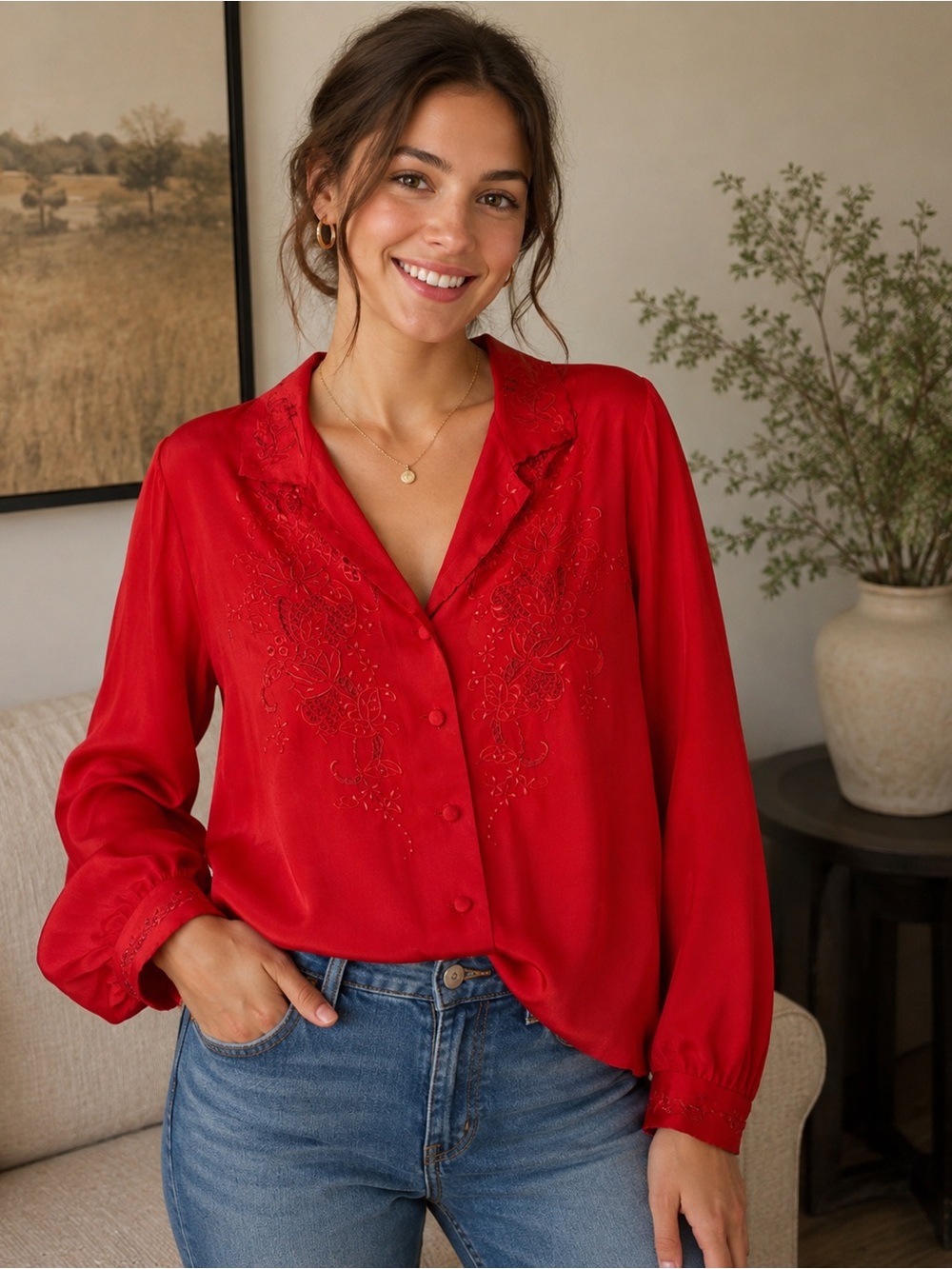 Vintage 100% silk embroidered blouse DA FU BUI modest 90s